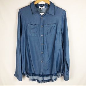 NWT Mittoshop Denim Button Down Raw Hem Top | Blue | Size Large